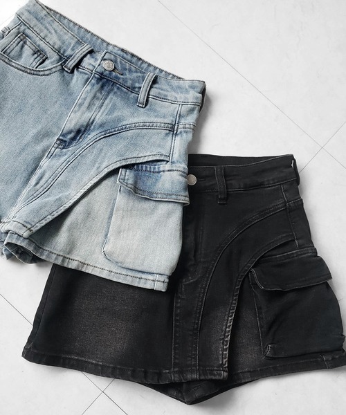me+em select(ミームセレクト)の「※※【 2color / 4size 】カーゴポケットレイヤードデニムミニスカパン / cargo pocket layered denim mini skirt pants(デニムパンツ・レディース・ブルー/ブラック・MEDIUM/SMALL/X-LARGE/LARGE)」の7枚目の写真
