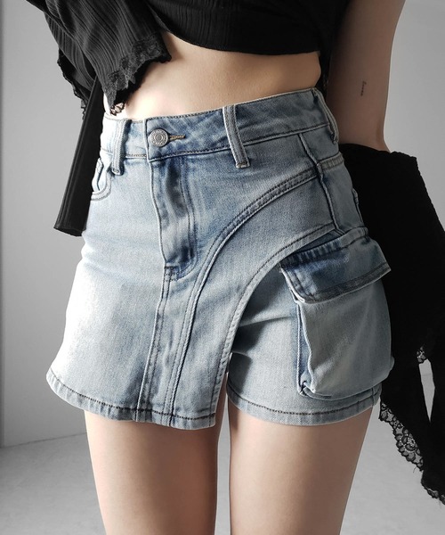 me+em select(ミームセレクト)の「※※【 2color / 4size 】カーゴポケットレイヤードデニムミニスカパン / cargo pocket layered denim mini skirt pants(デニムパンツ・レディース・ブルー/ブラック・MEDIUM/SMALL/X-LARGE/LARGE)」の14枚目の写真