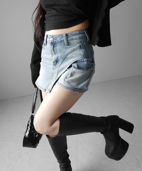me+em select(ミームセレクト)の「※※【 2color / 4size 】カーゴポケットレイヤードデニムミニスカパン / cargo pocket layered denim mini skirt pants(デニムパンツ・レディース・ブルー/ブラック・MEDIUM/SMALL/X-LARGE/LARGE)」の17枚目の写真