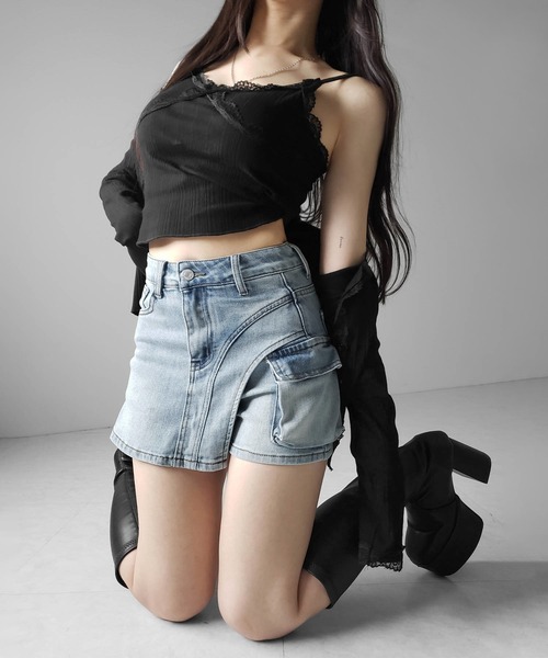me+em select(ミームセレクト)の「※※【 2color / 4size 】カーゴポケットレイヤードデニムミニスカパン / cargo pocket layered denim mini skirt pants(デニムパンツ・レディース・ブルー/ブラック・MEDIUM/SMALL/X-LARGE/LARGE)」の21枚目の写真