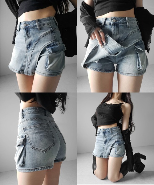 me+em select(ミームセレクト)の「※※【 2color / 4size 】カーゴポケットレイヤードデニムミニスカパン / cargo pocket layered denim mini skirt pants(デニムパンツ・レディース・ブルー/ブラック・MEDIUM/SMALL/X-LARGE/LARGE)」の3枚目の写真