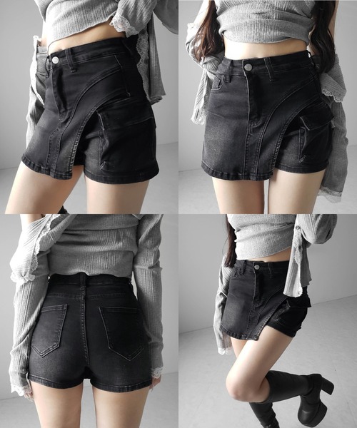 me+em select(ミームセレクト)の「※※【 2color / 4size 】カーゴポケットレイヤードデニムミニスカパン / cargo pocket layered denim mini skirt pants(デニムパンツ・レディース・ブルー/ブラック・MEDIUM/SMALL/X-LARGE/LARGE)」の4枚目の写真