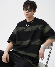 オーバーサイズワンポイント刺繍ボーダー柄Tシャツ