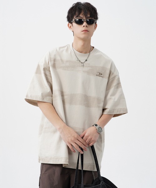 Ressaca(レサーカ)の「オーバーサイズワンポイント刺繍ボーダー柄Tシャツ(Tシャツ/カットソー・メンズ・アイボリー/グリーン/パープル・M/L/XL)」の3枚目の写真