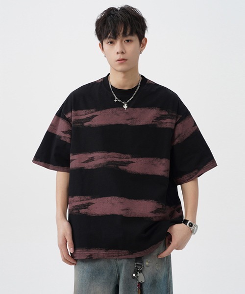 Ressaca(レサーカ)の「オーバーサイズワンポイント刺繍ボーダー柄Tシャツ(Tシャツ/カットソー・メンズ・アイボリー/グリーン/パープル・M/L/XL)」の8枚目の写真