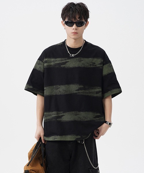 Ressaca(レサーカ)の「オーバーサイズワンポイント刺繍ボーダー柄Tシャツ(Tシャツ/カットソー・メンズ・アイボリー/グリーン/パープル・M/L/XL)」の4枚目の写真