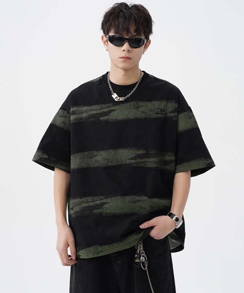 Ressaca(レサーカ)の「オーバーサイズワンポイント刺繍ボーダー柄Tシャツ(Tシャツ/カットソー・メンズ・アイボリー/グリーン/パープル・M/L/XL)」の5枚目の写真