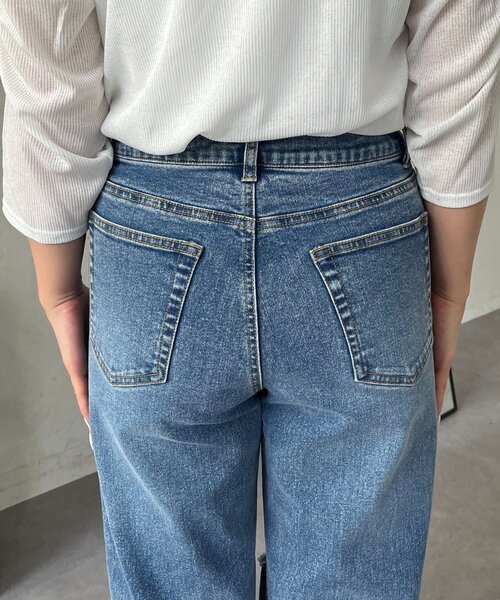 prose verse(プロズヴェール)の「【MOMO】ダメージストレッチストレートデニム(デニムパンツ・レディース・ブルー/ブラック・TM/TL/MEDIUM/LARGE/PM/PL)」の3枚目の写真