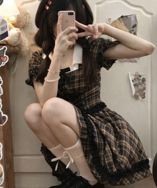 lulufa(ルルファ)の「配色チェックミニワンピース(ワンピース・レディース・ブラック系・FREE)」の2枚目の写真