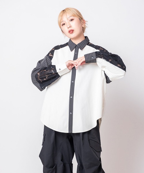 OSMOSIS（オズモーシス）の「レース切替シャツブラウス（シャツ/ブラウス・レディース・ベージュ/ブルー/アイボリー・ONE SIZE）」の2枚目の写真