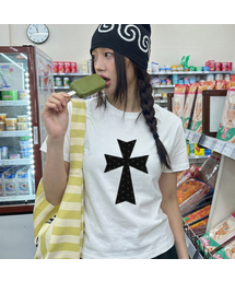 [ユニセックス]ドットクロス半袖Tシャツ_ホワイト/ブラックロゴ
