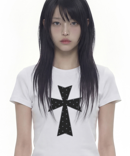 GRAVER（グレーバー）の「[ユニセックス]ドットクロス半袖Tシャツ_ホワイト/ブラックロゴ（Tシャツ/カットソー・レディース・ホワイト・SMALL/MEDIUM/LARGE）」の3枚目の写真
