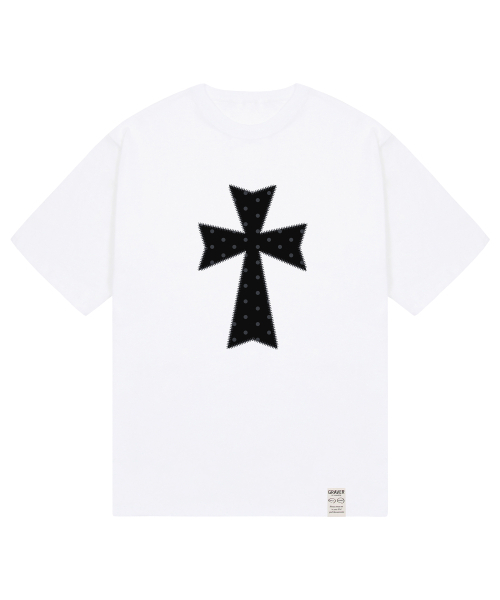 GRAVER（グレーバー）の「[ユニセックス]ドットクロス半袖Tシャツ_ホワイト/ブラックロゴ（Tシャツ/カットソー・レディース・ホワイト・SMALL/MEDIUM/LARGE）」の5枚目の写真