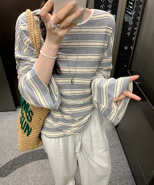 Girly Doll(ガーリードール)の「立体ボーダーカットソー(Tシャツ/カットソー・レディース・ピンク/ネイビー/グレー・M/S)」の9枚目の写真