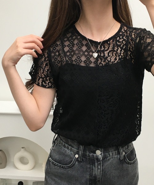 Gleam（グリーム）の「レース切替半袖プルオーバー（Tシャツ/カットソー・レディース・ブラック/アイボリー・F）」の2枚目の写真
