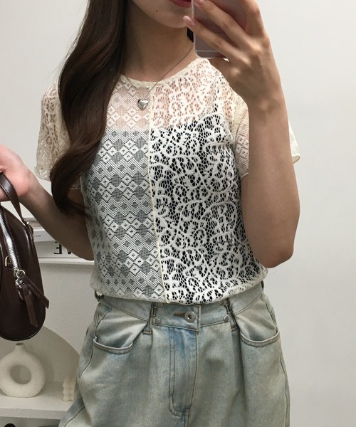 Gleam（グリーム）の「レース切替半袖プルオーバー（Tシャツ/カットソー・レディース・ブラック/アイボリー・F）」の9枚目の写真