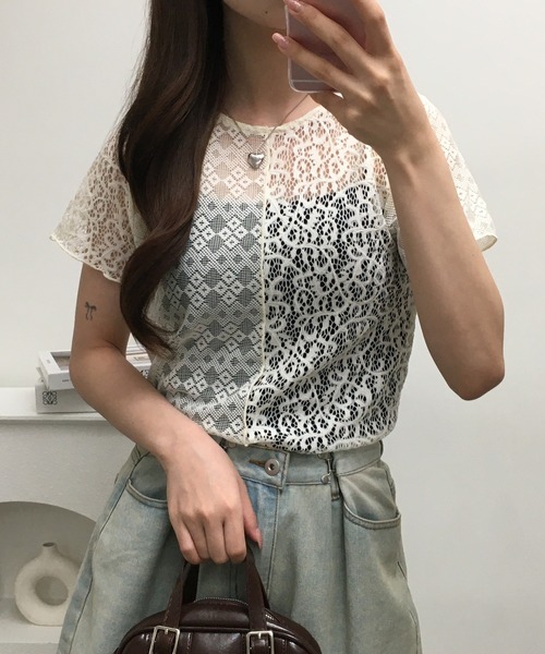 Gleam（グリーム）の「レース切替半袖プルオーバー（Tシャツ/カットソー・レディース・ブラック/アイボリー・F）」の10枚目の写真