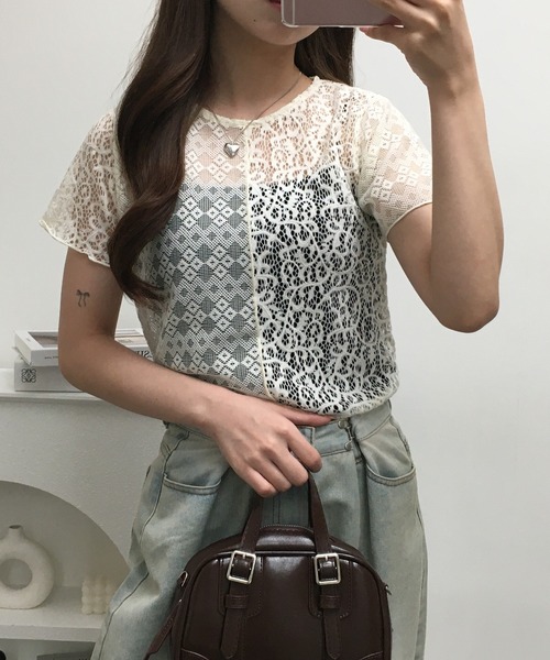Gleam（グリーム）の「レース切替半袖プルオーバー（Tシャツ/カットソー・レディース・ブラック/アイボリー・F）」の11枚目の写真