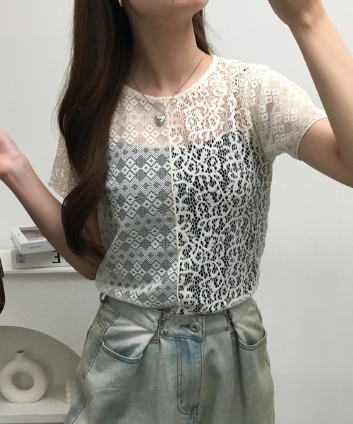 Gleam（グリーム）の「レース切替半袖プルオーバー（Tシャツ/カットソー・レディース・ブラック/アイボリー・F）」の12枚目の写真