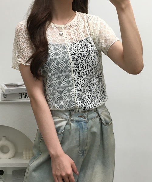 Gleam（グリーム）の「レース切替半袖プルオーバー（Tシャツ/カットソー・レディース・ブラック/アイボリー・F）」の13枚目の写真