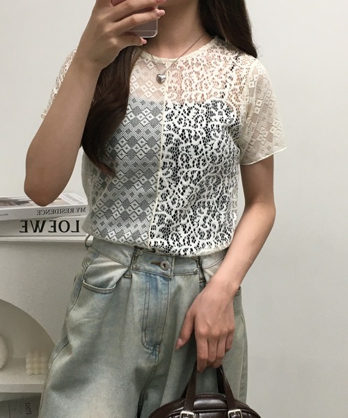 Gleam（グリーム）の「レース切替半袖プルオーバー（Tシャツ/カットソー・レディース・ブラック/アイボリー・F）」の14枚目の写真