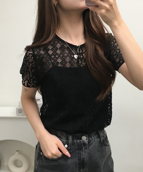 Gleam（グリーム）の「レース切替半袖プルオーバー（Tシャツ/カットソー・レディース・ブラック/アイボリー・F）」の3枚目の写真