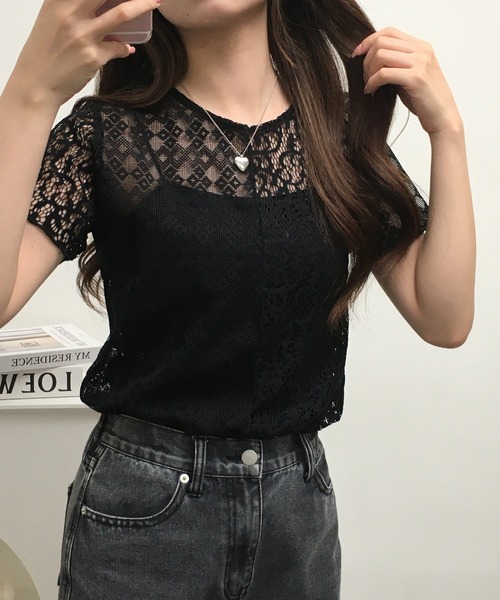 Gleam（グリーム）の「レース切替半袖プルオーバー（Tシャツ/カットソー・レディース・ブラック/アイボリー・F）」の4枚目の写真