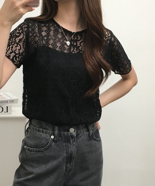 Gleam（グリーム）の「レース切替半袖プルオーバー（Tシャツ/カットソー・レディース・ブラック/アイボリー・F）」の5枚目の写真