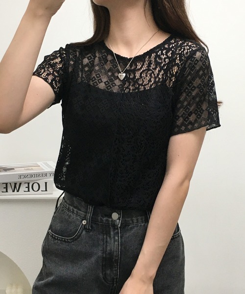 Gleam（グリーム）の「レース切替半袖プルオーバー（Tシャツ/カットソー・レディース・ブラック/アイボリー・F）」の6枚目の写真
