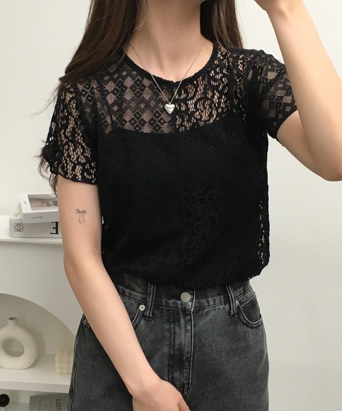 Gleam（グリーム）の「レース切替半袖プルオーバー（Tシャツ/カットソー・レディース・ブラック/アイボリー・F）」の7枚目の写真
