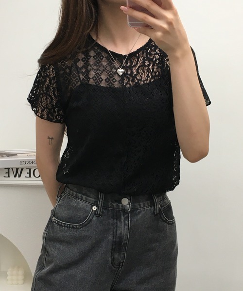 Gleam（グリーム）の「レース切替半袖プルオーバー（Tシャツ/カットソー・レディース・ブラック/アイボリー・F）」の8枚目の写真