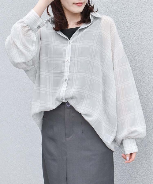 Bleu Bleuet(ブルーブルーエ)の「シアーチェックタンクトップ付きブラウス(シャツ/ブラウス・レディース・オフホワイト/グレー/ベージュ・M)」の2枚目の写真