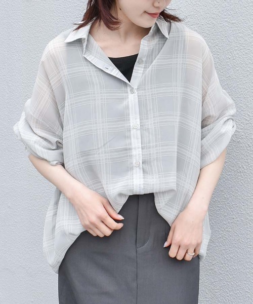 Bleu Bleuet(ブルーブルーエ)の「シアーチェックタンクトップ付きブラウス(シャツ/ブラウス・レディース・オフホワイト/グレー/ベージュ・M)」の21枚目の写真