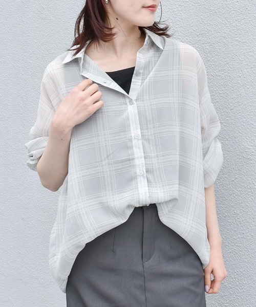 Bleu Bleuet(ブルーブルーエ)の「シアーチェックタンクトップ付きブラウス(シャツ/ブラウス・レディース・オフホワイト/グレー/ベージュ・M)」の17枚目の写真
