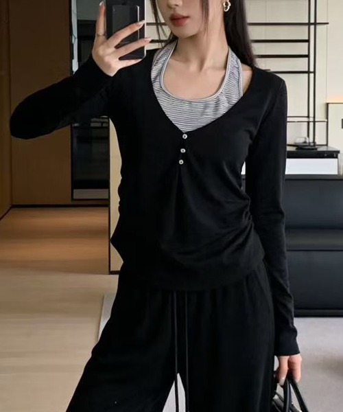 MEMECLE(メメクル)の「【 MEMECLE / メメクル 】レイヤード風ホルターネックトップス(Tシャツ/カットソー・レディース・グレー・FREE)」の4枚目の写真