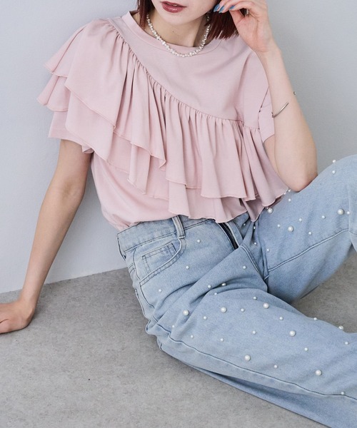 each（イーチ）の「【接触冷感・UVカット・汗染み防止】アシメフリルデザイン半袖Tシャツ（Tシャツ/カットソー・レディース・ピンク/ネイビー/ホワイト・FREE）」の2枚目の写真