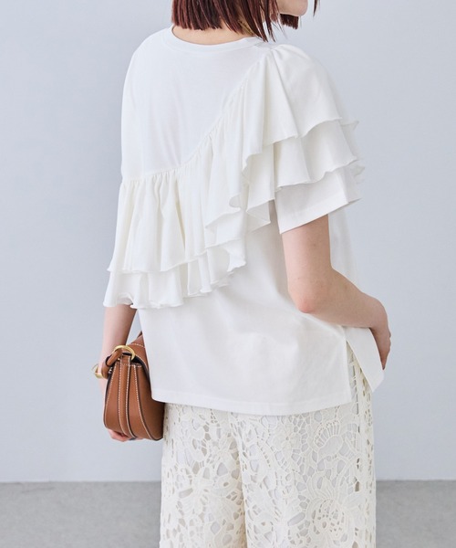 each（イーチ）の「【接触冷感・UVカット・汗染み防止】アシメフリルデザイン半袖Tシャツ（Tシャツ/カットソー・レディース・ピンク/ネイビー/ホワイト・FREE）」の6枚目の写真