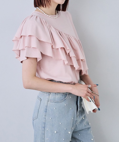each（イーチ）の「【接触冷感・UVカット・汗染み防止】アシメフリルデザイン半袖Tシャツ（Tシャツ/カットソー・レディース・ピンク/ネイビー/ホワイト・FREE）」の18枚目の写真