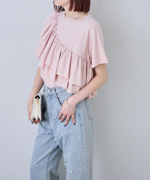 each（イーチ）の「【接触冷感・UVカット・汗染み防止】アシメフリルデザイン半袖Tシャツ（Tシャツ/カットソー・レディース・ピンク/ネイビー/ホワイト・FREE）」の17枚目の写真