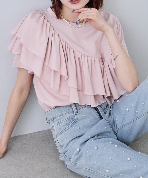each（イーチ）の「【接触冷感・UVカット・汗染み防止】アシメフリルデザイン半袖Tシャツ（Tシャツ/カットソー・レディース・ピンク/ネイビー/ホワイト・FREE）」の16枚目の写真