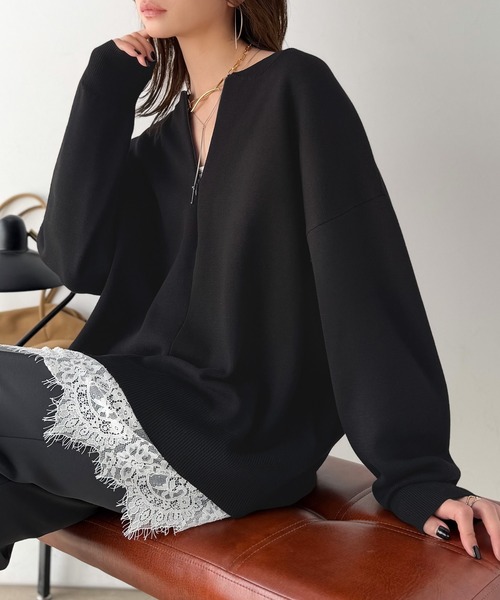 Classical Evon(クラシカルエヴォン)の「大人はレースをこう着る!裾レースドッキングミラノリブトップス(長袖)(Tシャツ/カットソー・レディース・ブラック×ブラック/チャコール/モカ/ブラック×ホワイト・LARGE/MEDIUM/SMALL/X-LARGE)」の2枚目の写真