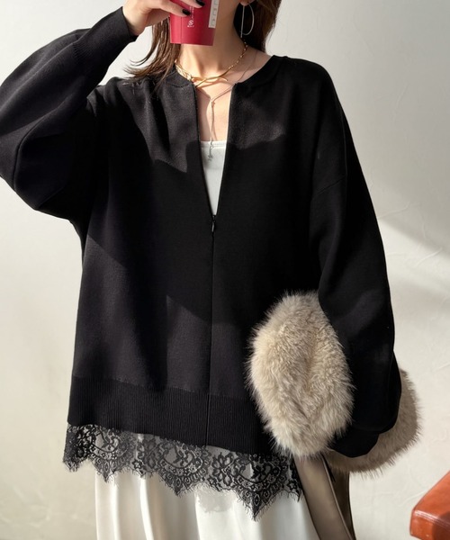 Classical Evon(クラシカルエヴォン)の「大人はレースをこう着る!裾レースドッキングミラノリブトップス(長袖)(Tシャツ/カットソー・レディース・ブラック×ブラック/チャコール/モカ/ブラック×ホワイト・LARGE/MEDIUM/SMALL/X-LARGE)」の3枚目の写真