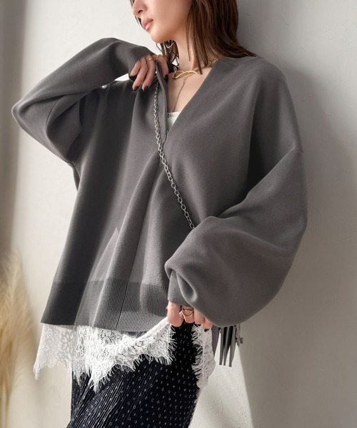 Classical Evon(クラシカルエヴォン)の「大人はレースをこう着る!裾レースドッキングミラノリブトップス(長袖)(Tシャツ/カットソー・レディース・ブラック×ブラック/チャコール/モカ/ブラック×ホワイト・LARGE/MEDIUM/SMALL/X-LARGE)」の1枚目の写真