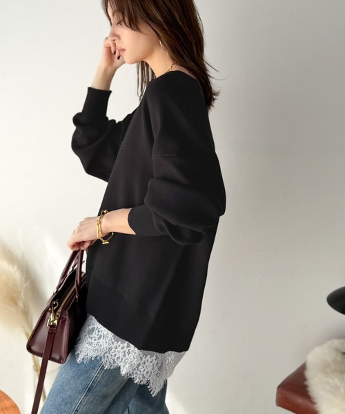 Classical Evon(クラシカルエヴォン)の「大人はレースをこう着る!裾レースドッキングミラノリブトップス(長袖)(Tシャツ/カットソー・レディース・ブラック×ブラック/チャコール/モカ/ブラック×ホワイト・LARGE/MEDIUM/SMALL/X-LARGE)」の8枚目の写真