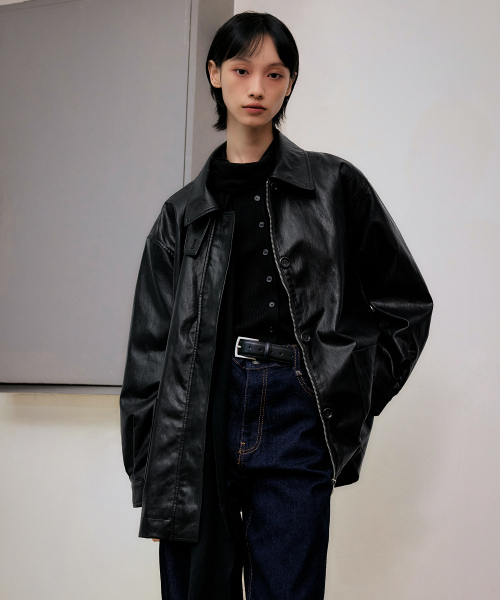 セール】シンセティックレザー ハーフジャケット [ブラック