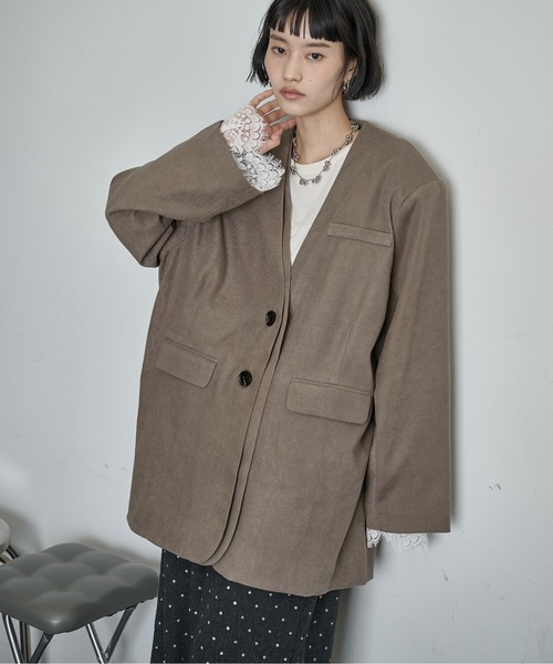 THE YOn(ザヨン)の「ノーカラービッグジャケット(ノーカラージャケット・レディース・レディッシュグレー/アッシュブラウン/セージグリーン・FREE)」の1枚目の写真