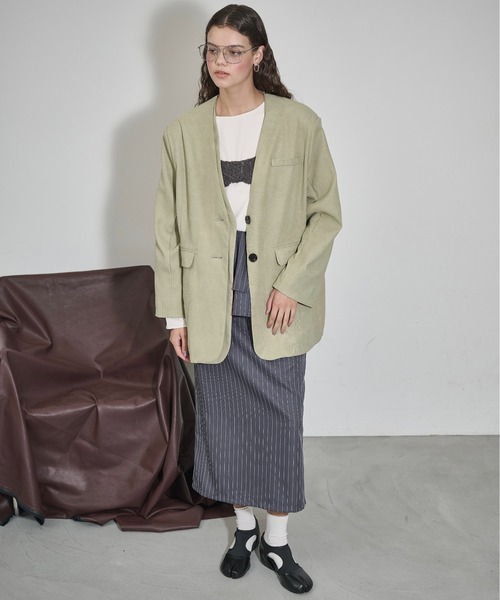 THE YOn(ザヨン)の「ノーカラービッグジャケット(ノーカラージャケット・レディース・レディッシュグレー/アッシュブラウン/セージグリーン・FREE)」の22枚目の写真