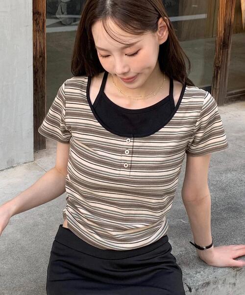 FREE'S MART(フリーズマート)の「◆インナーレイヤードボーダーヘンリーネックTシャツ(Tシャツ/カットソー・レディース・ブラック/ブラウン系その他2/ホワイト系その他2/グレー系その他・FREE)」の4枚目の写真