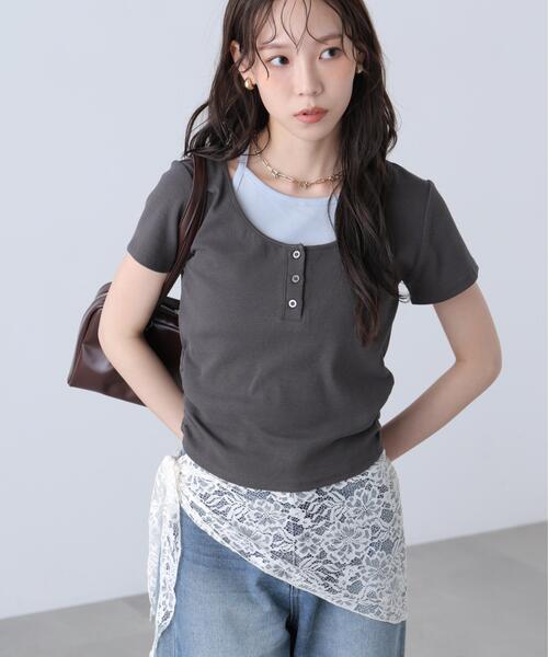 FREE'S MART(フリーズマート)の「◆インナーレイヤードボーダーヘンリーネックTシャツ(Tシャツ/カットソー・レディース・ブラック/ブラウン系その他2/ホワイト系その他2/グレー系その他・FREE)」の1枚目の写真