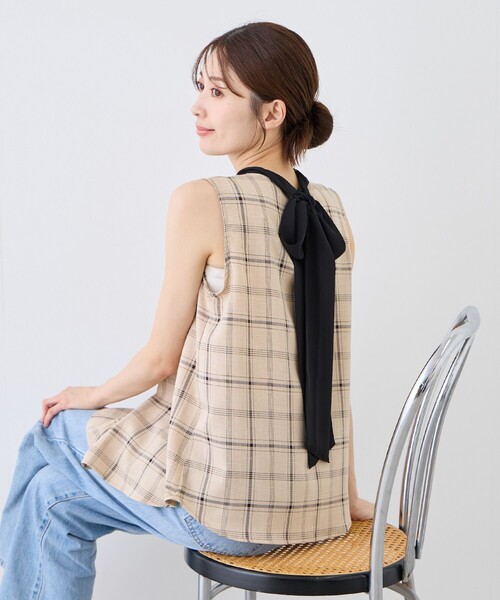 Jayro(ジャイロ)の「チェック柄ノースリブラウス(シャツ/ブラウス・レディース・オフホワイト/グレー/ベージュ・M)」の3枚目の写真